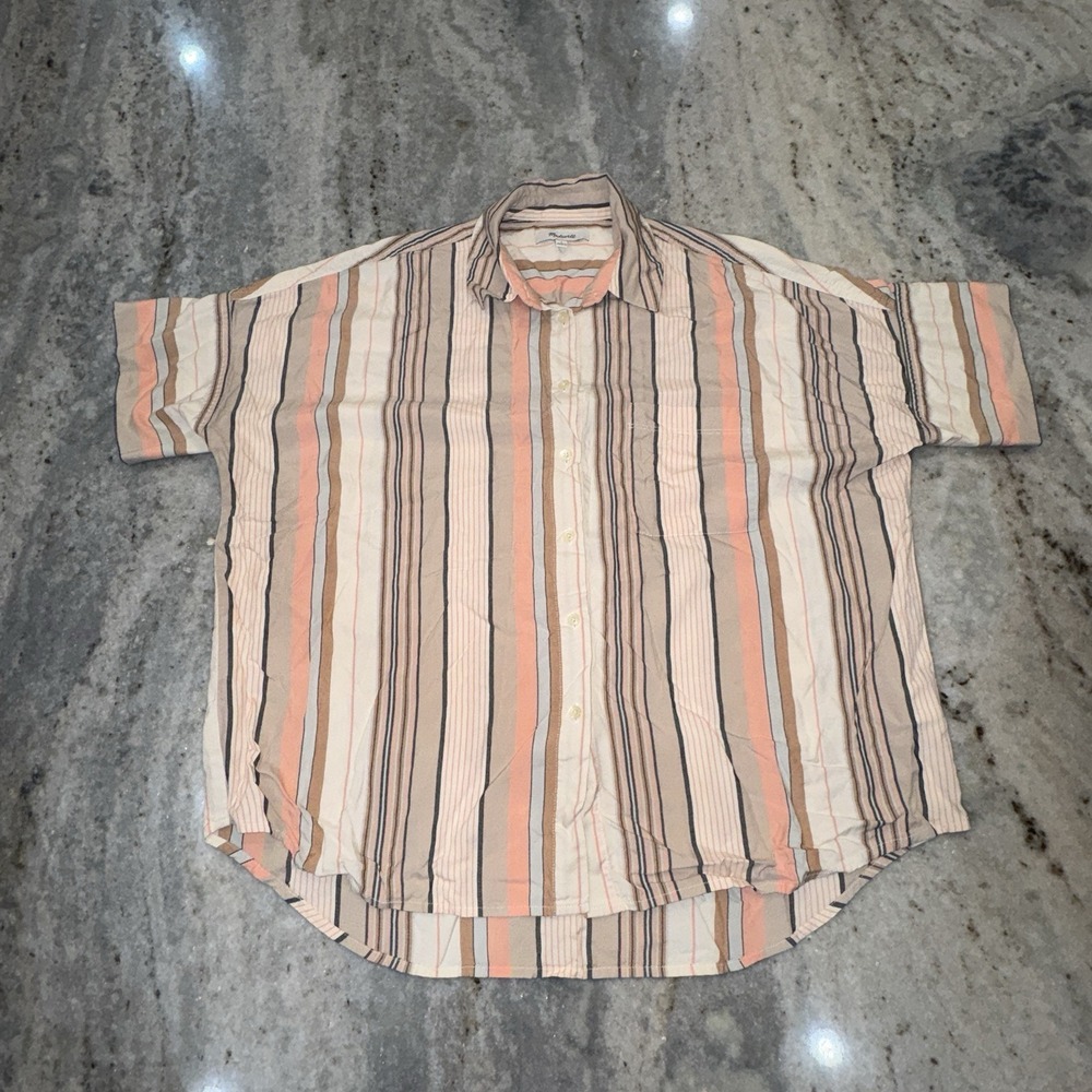 Madewell Women's Small Striped Top Button Down Cream Peach Beach Casual Viscose